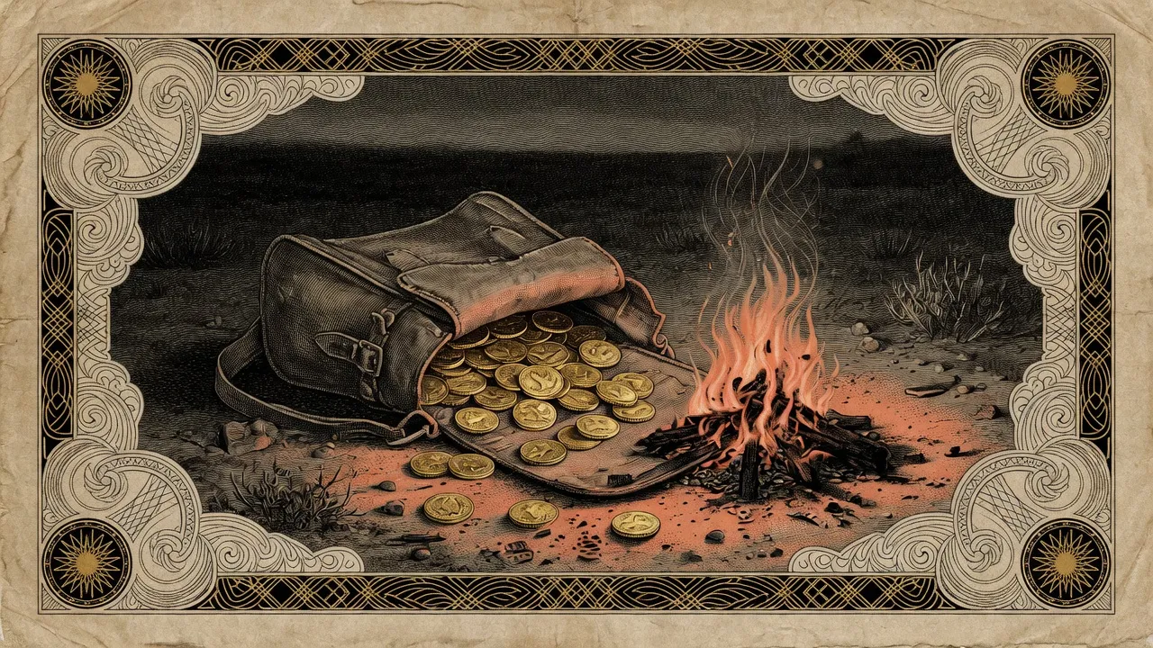 Saddlebag spilling gold coins by a campfire