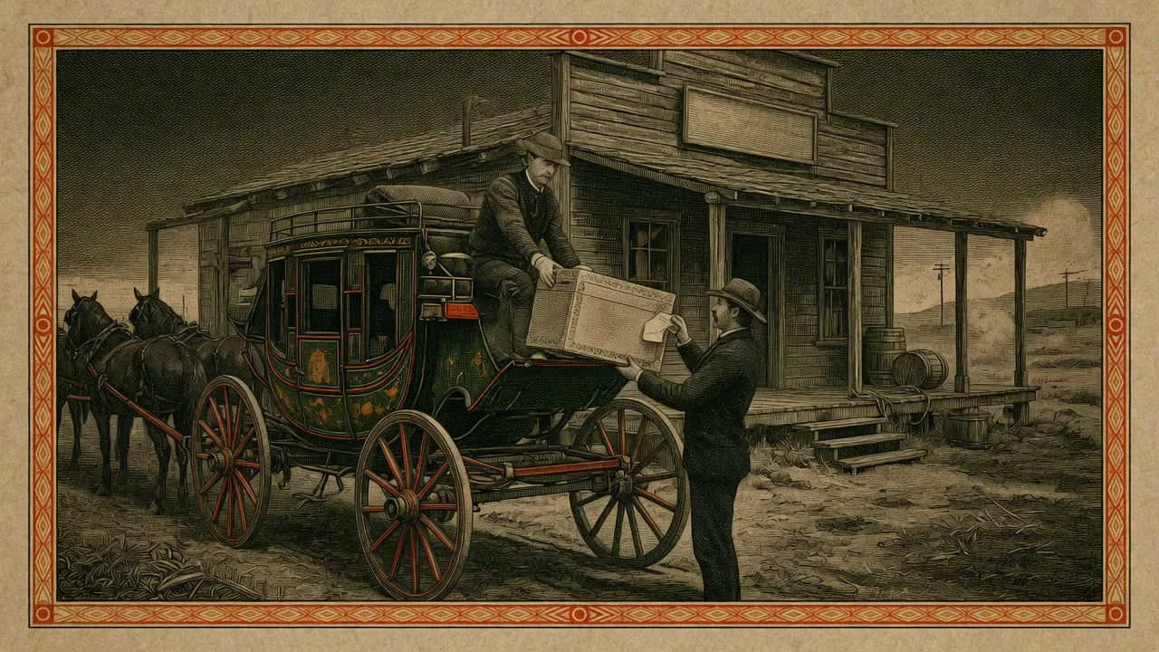 Stagecoach depot handing over a strongbox